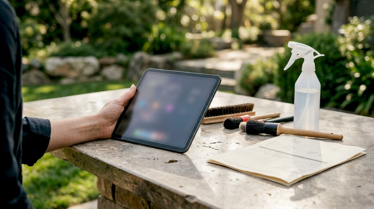 Tablet with detailing tools and invoice paperwork