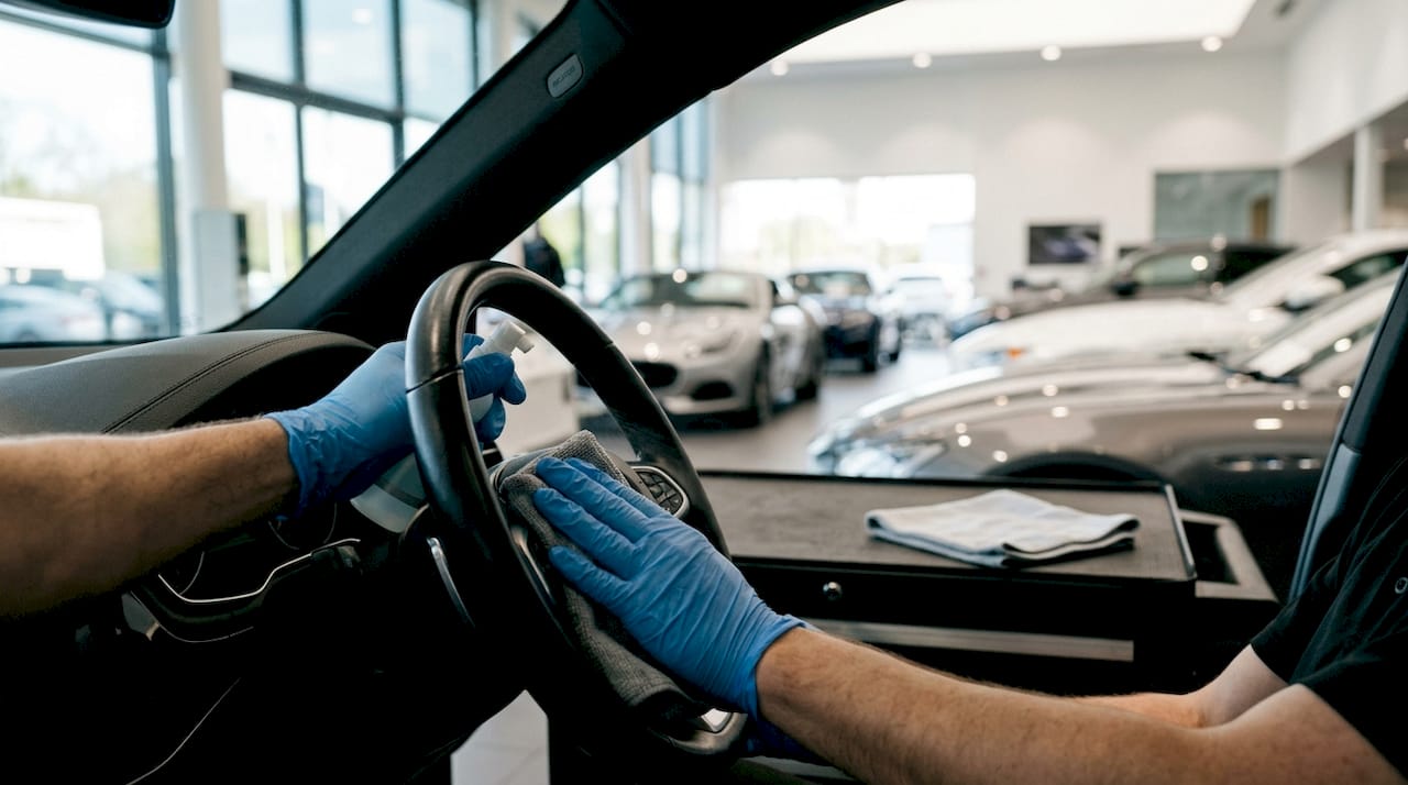 Hands spraying antimicrobial solution on steering wheel
