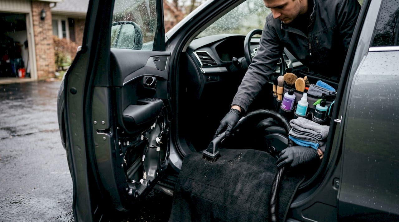Detailer cleaning car interior with vacuum