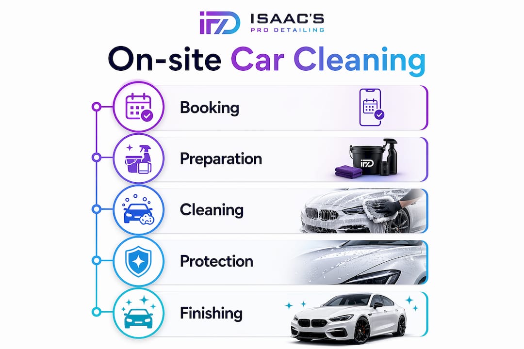 Infographic illustrating on-site car cleaning steps