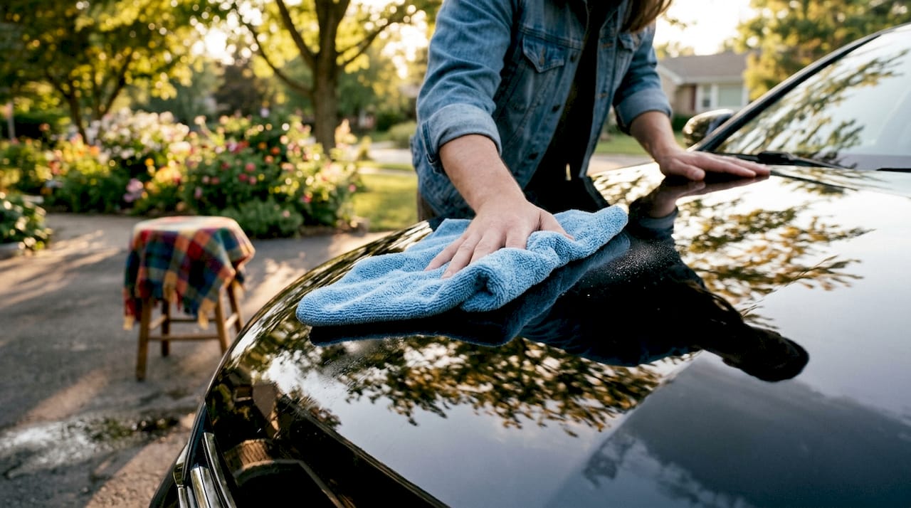 Hands wiping car with microfiber cloth