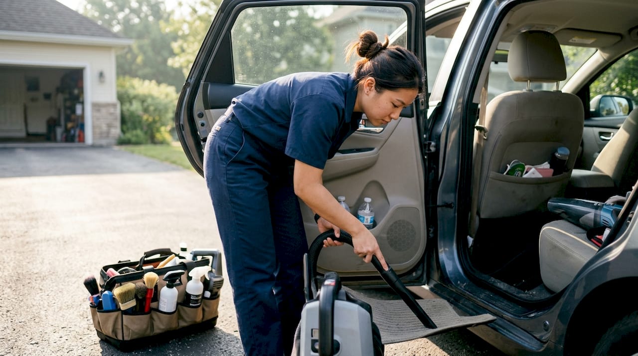Technician vacuuming car interior on site