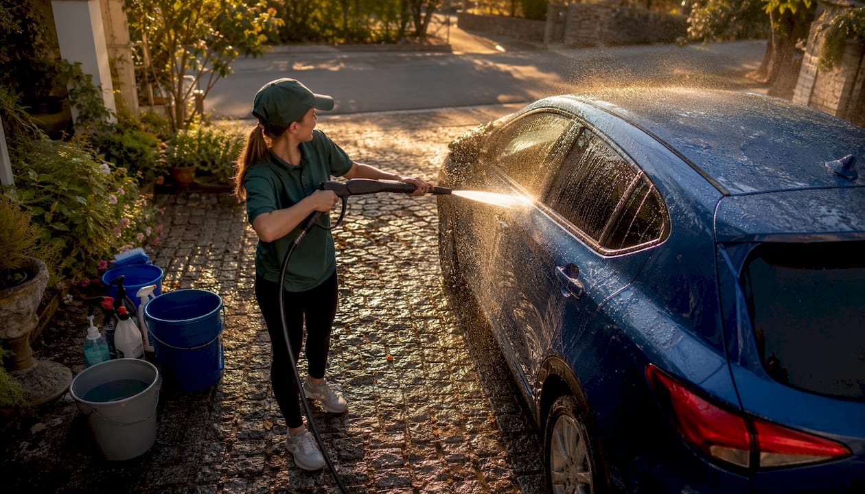 Female detailer fast washing white hatchback