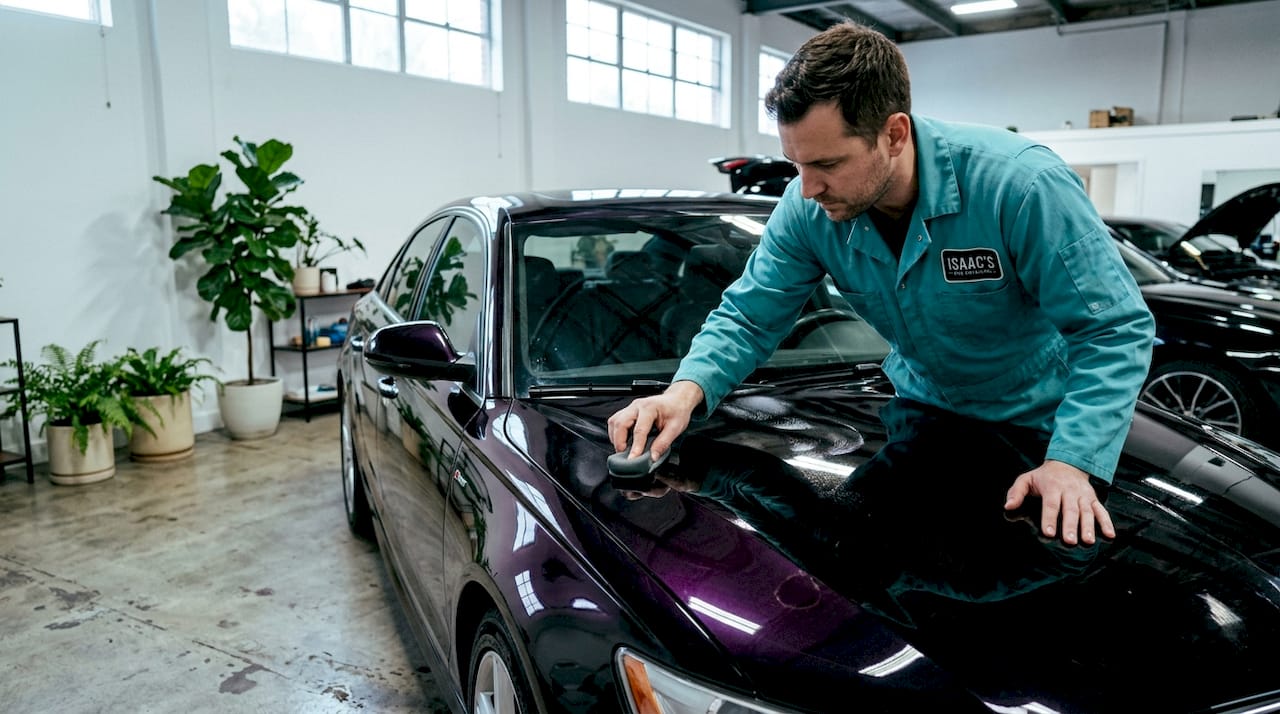 Detailer applying ceramic coating to black sedan