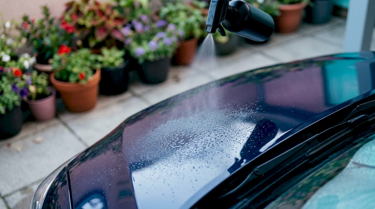 Close-up of waterless wash spray mist on car door