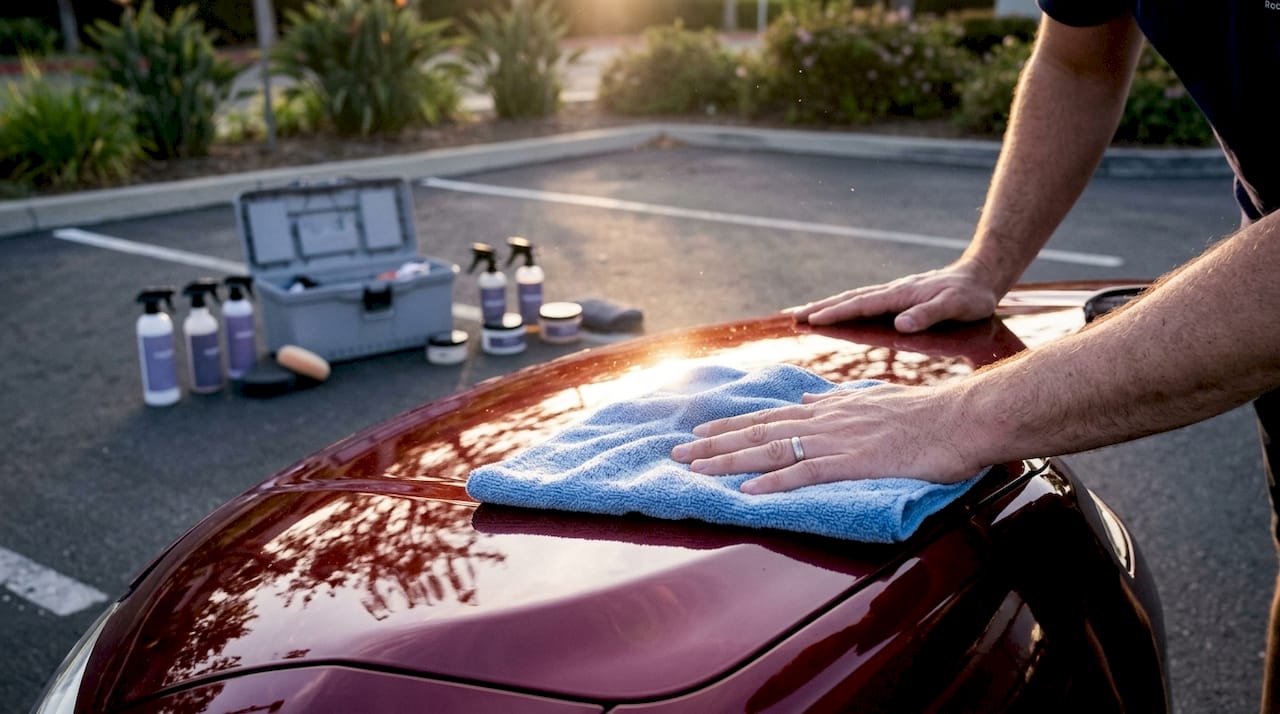 Hands wiping car with microfiber towel in garage