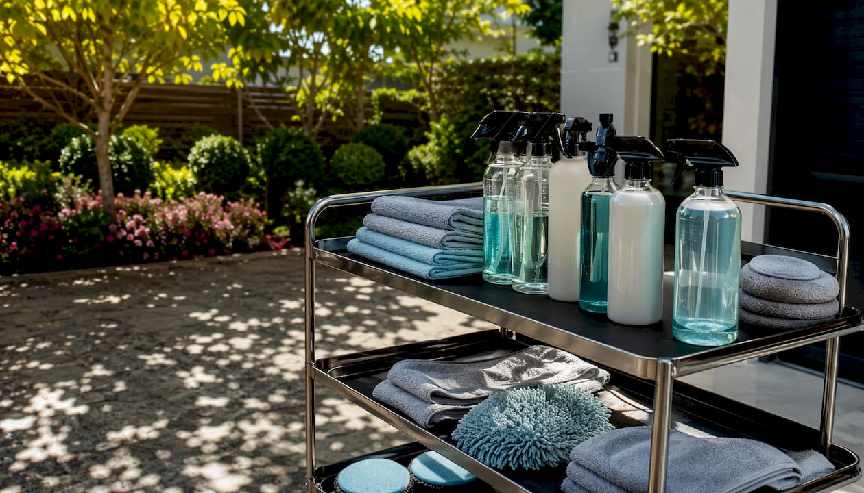 Eco-friendly car wash supplies on workbench