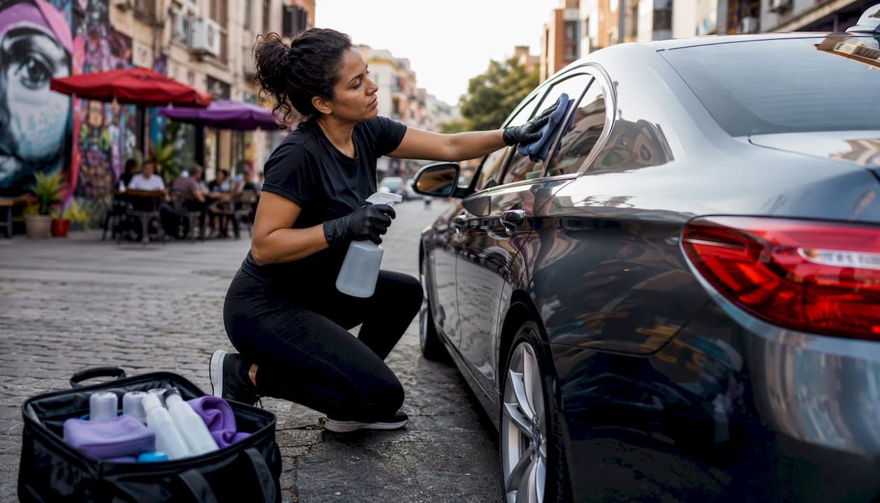 Female detailer cleaning car windshield outdoors
