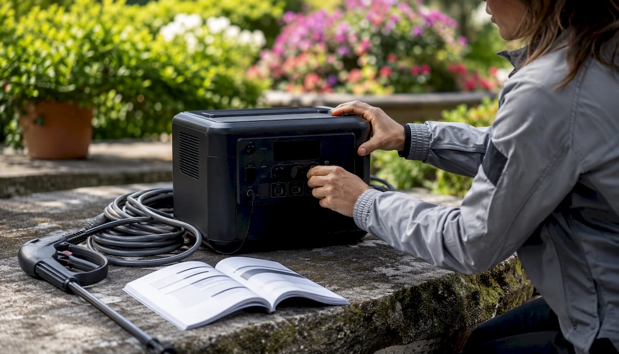 Hands adjusting mobile power station controls