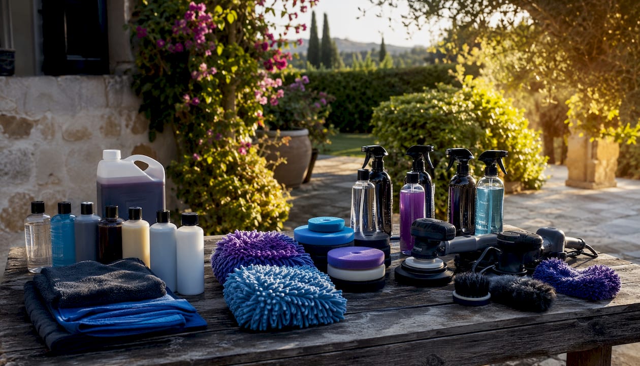 Professional car detailing tools on workbench