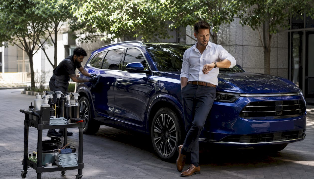 Office worker preparing vehicle for mobile detailing