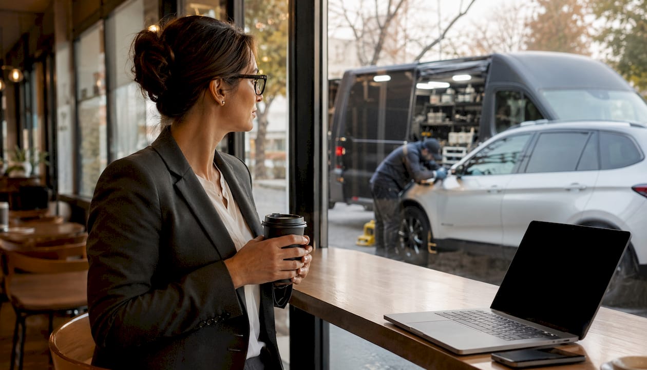 Executive working as car is detailed outside