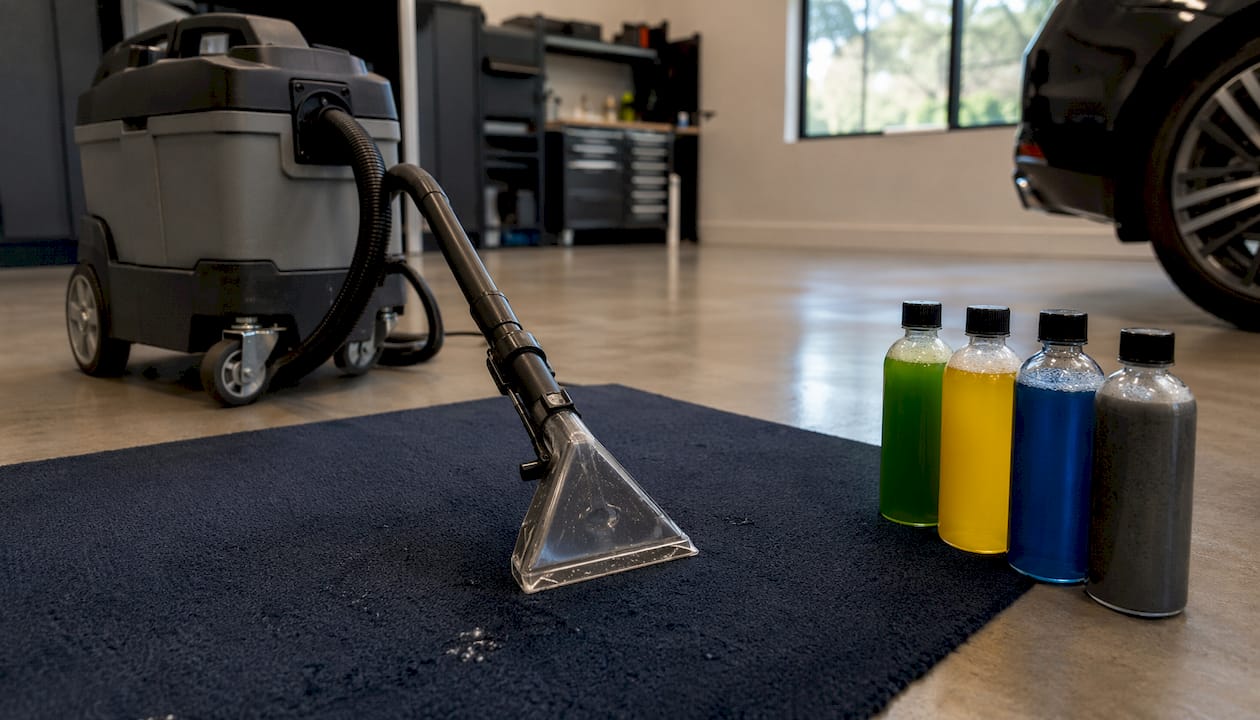 Close-up of professional stain extraction equipment and cleaners