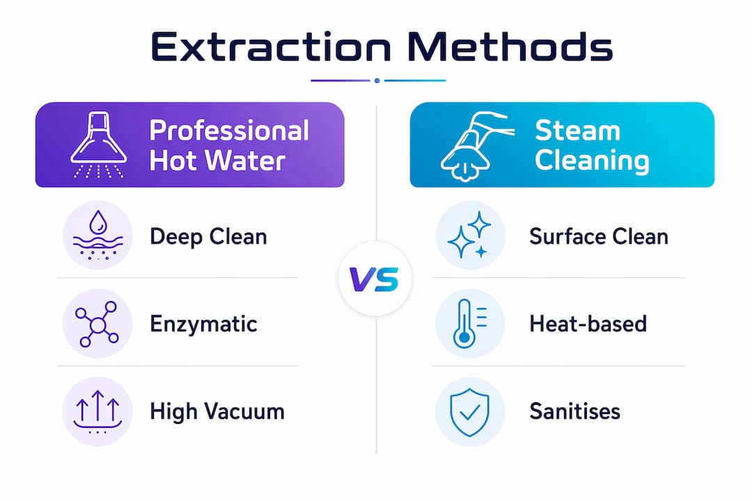 Infographic comparing professional hot water extraction and steam cleaning methods