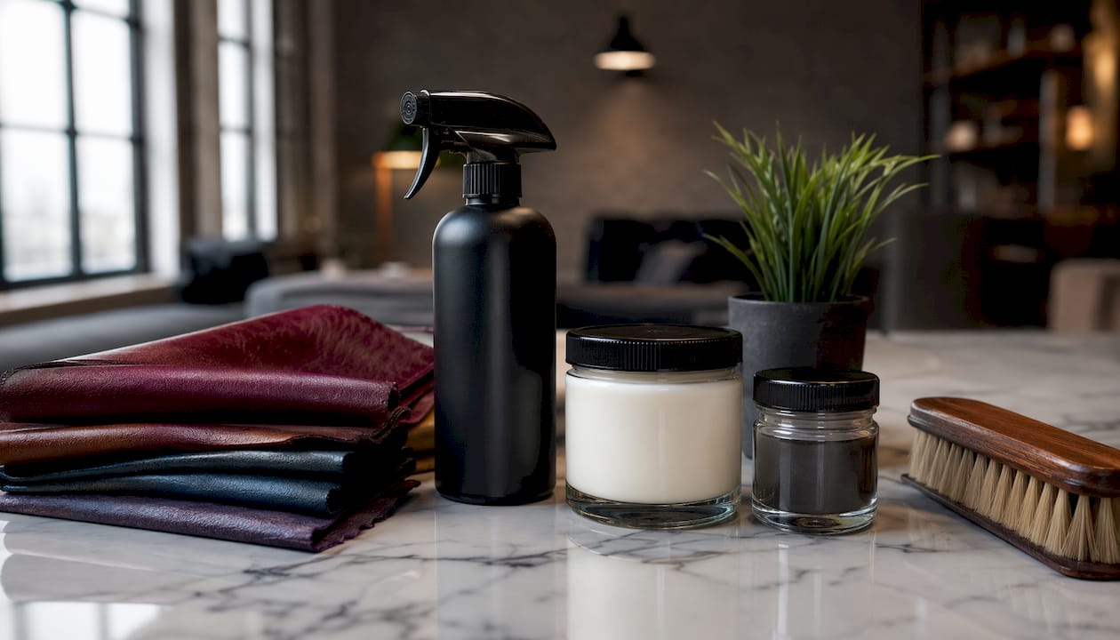 Leather care products on wood table