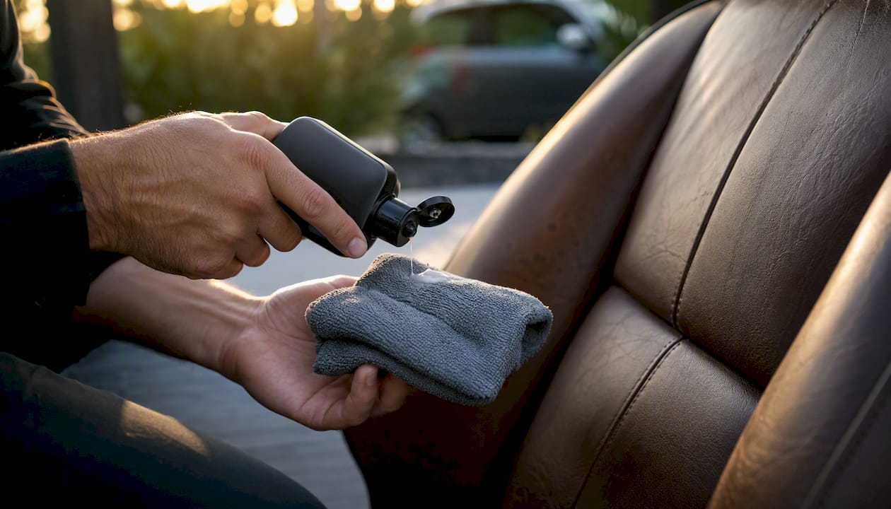 Hands applying leather conditioner with cloth