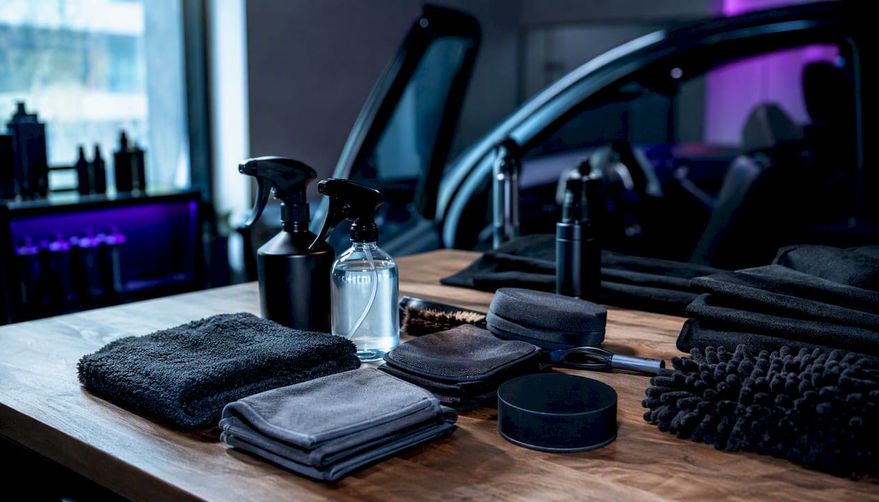 Leather care tools laid out on bench