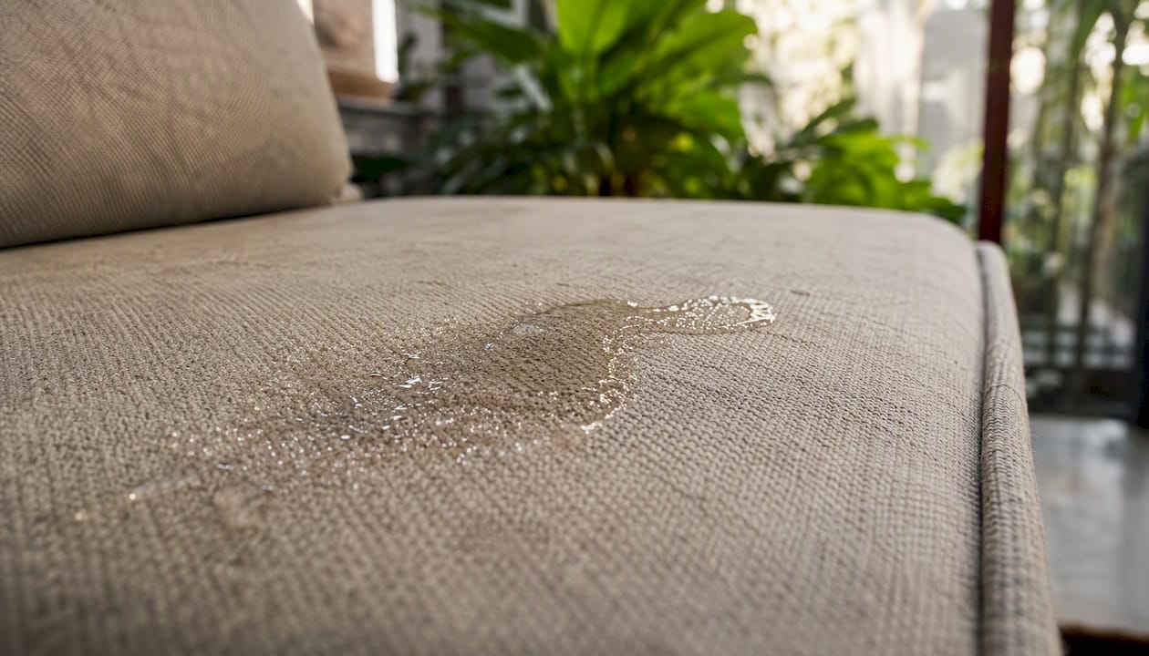 Liquid beading on sofa fabric