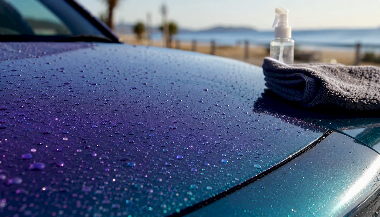 Close-up of curing ceramic coating with water beads