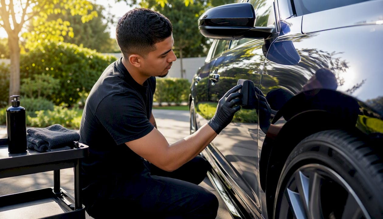 Detailer applying ceramic coating on car panel