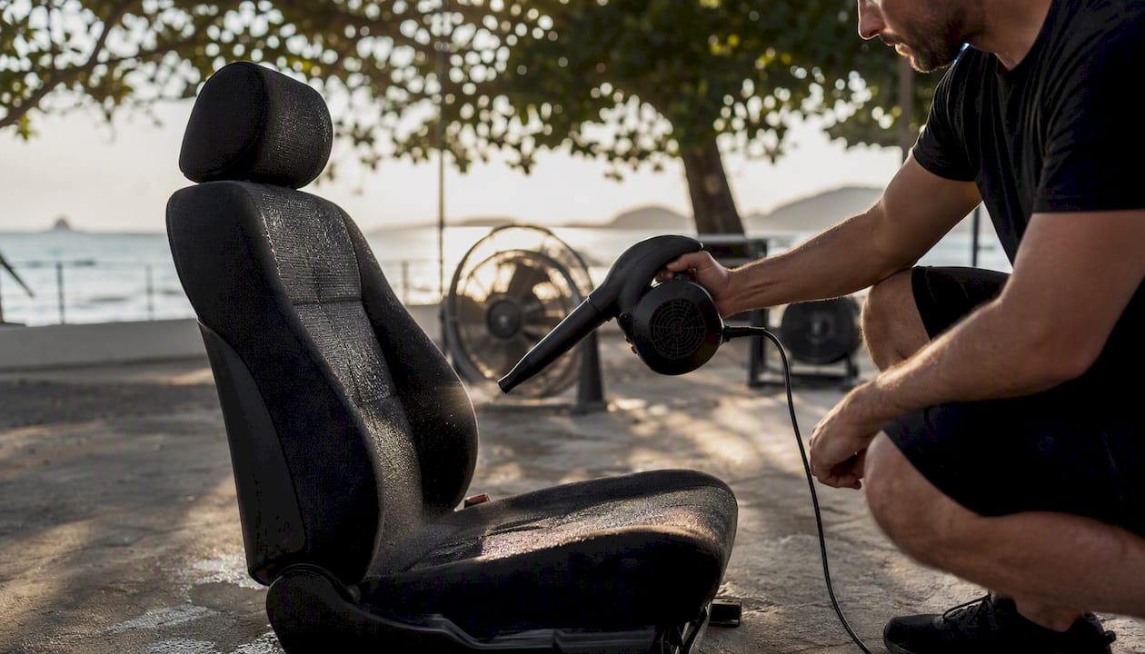 Detailer drying car seat with airflow blower