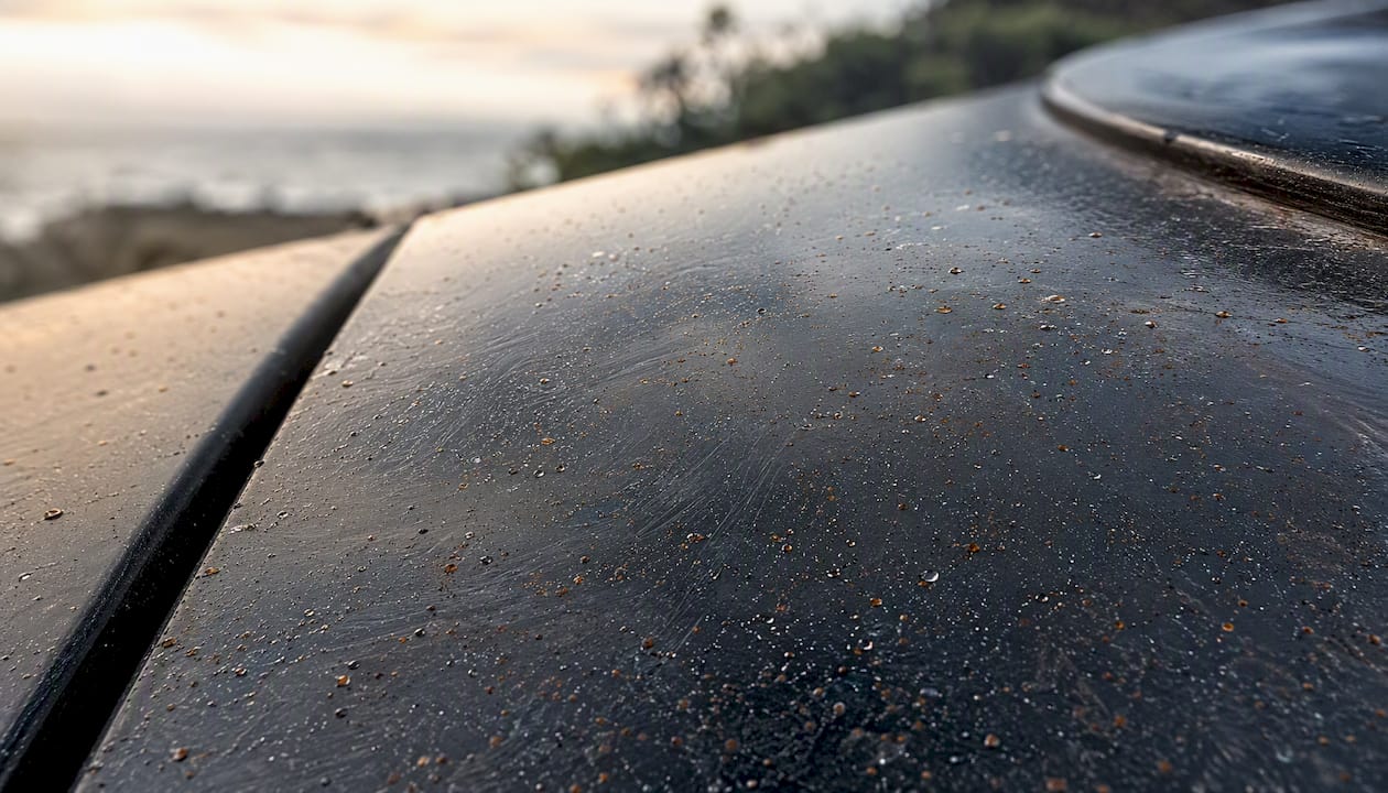Close-up of iron contamination and micropitting on car paint