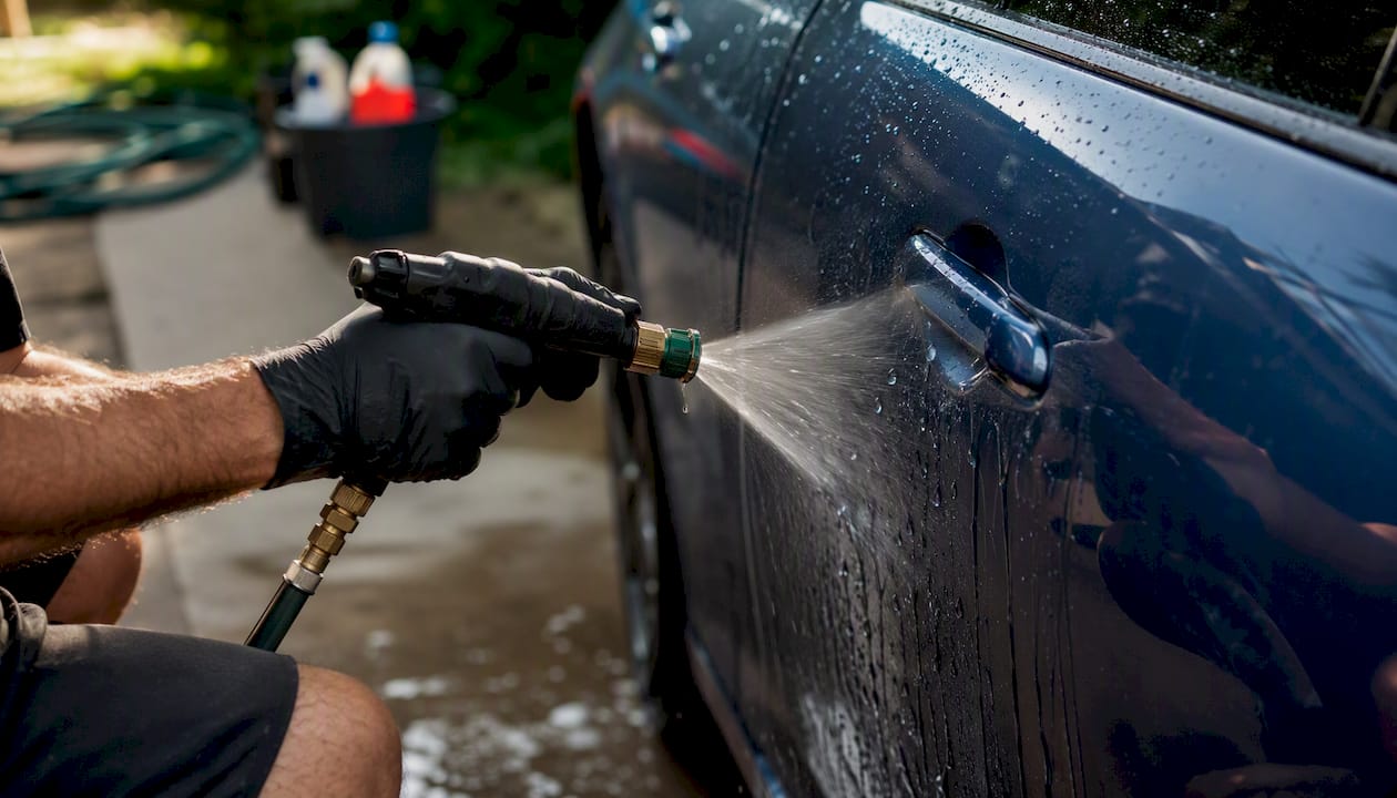 Detailer rinsing car door handle in driveway