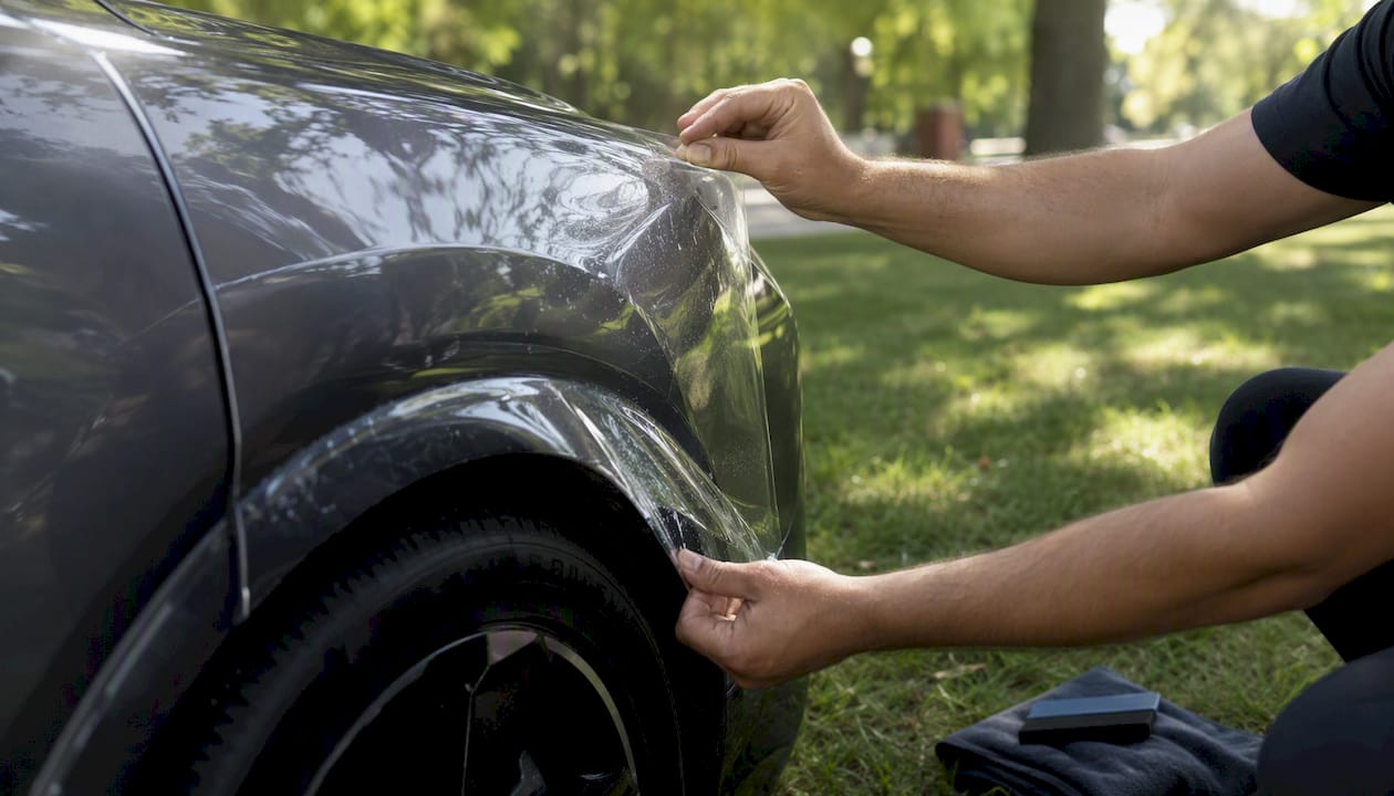 Hands applying paint protection film on car door edge