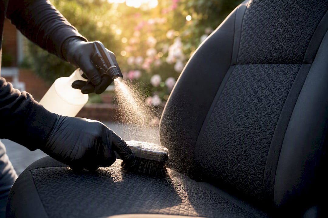 Hands applying enzymatic cleaner on car seat