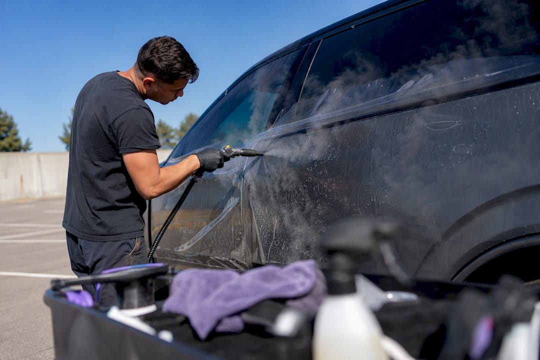Steam applied evenly to PPF on car panel