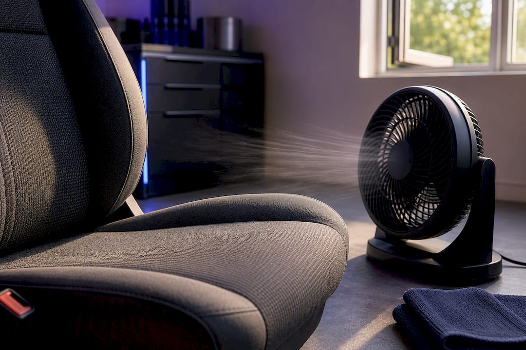 Fan drying freshly cleaned fabric seat