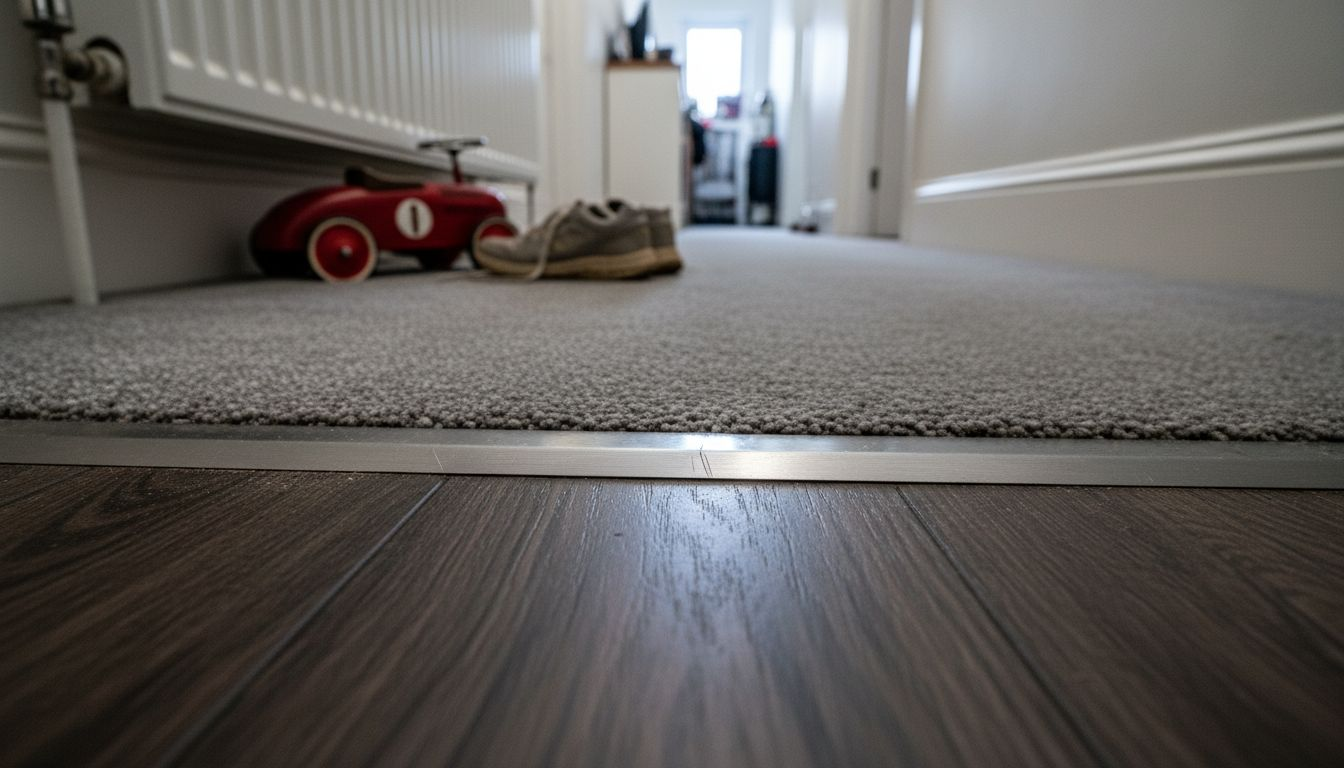 Close-up of carpet bar joining two floors