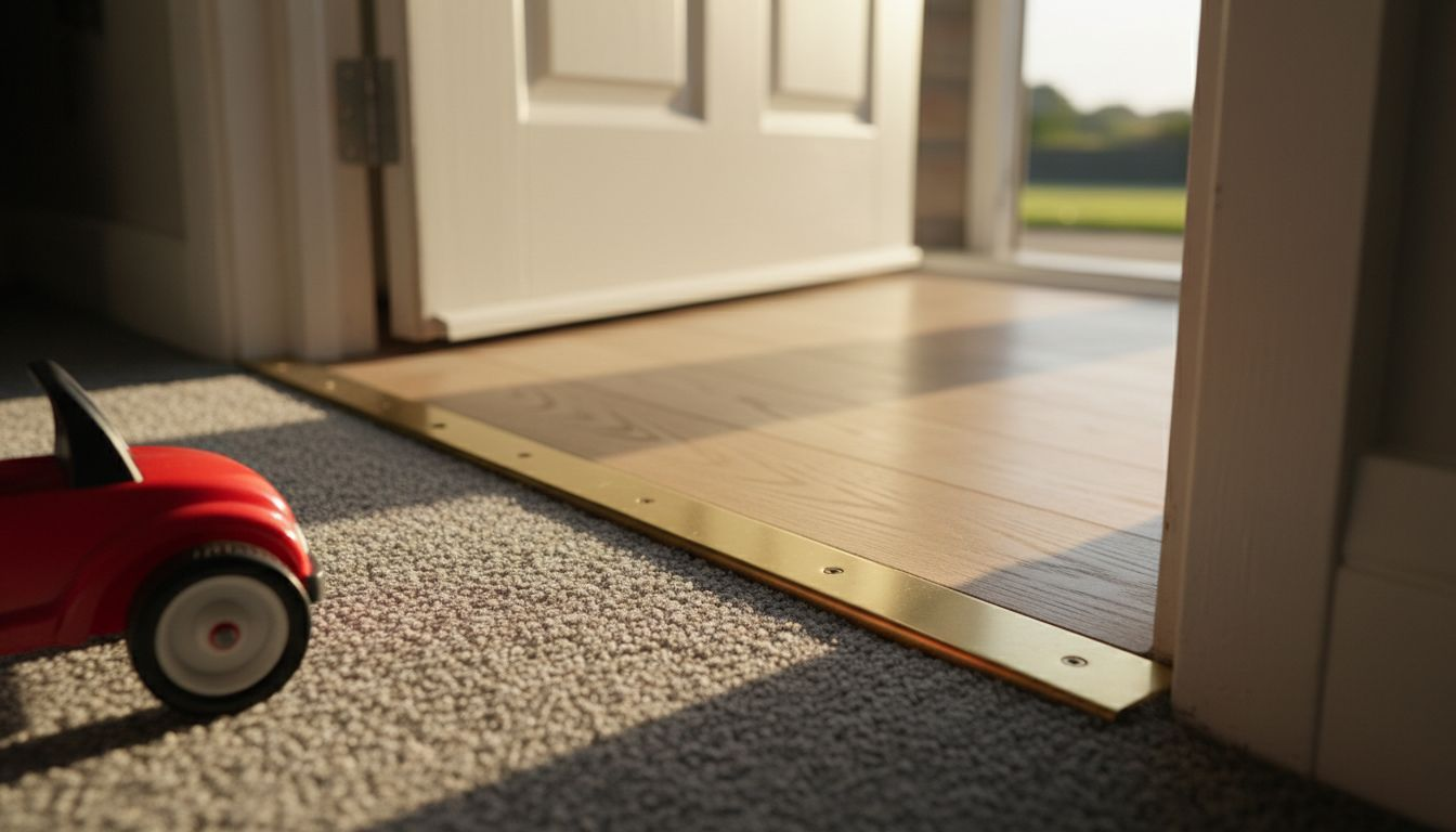 Close-up carpet trim joining carpet and wood