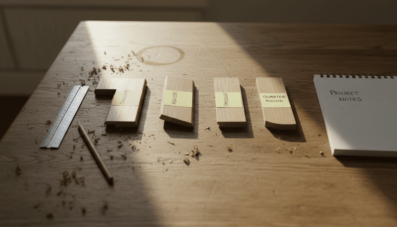 Various labelled floor trim profiles closeup