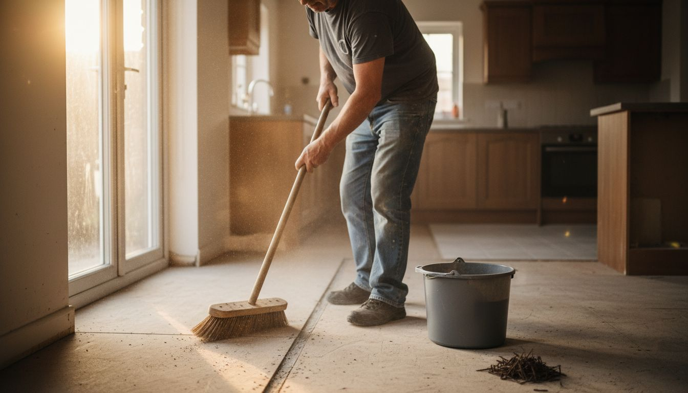 Contractor cleaning subfloor before trim installation