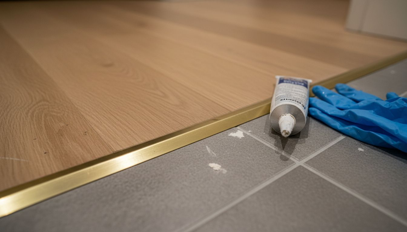 Closeup of brass edge trim on wood and tile
