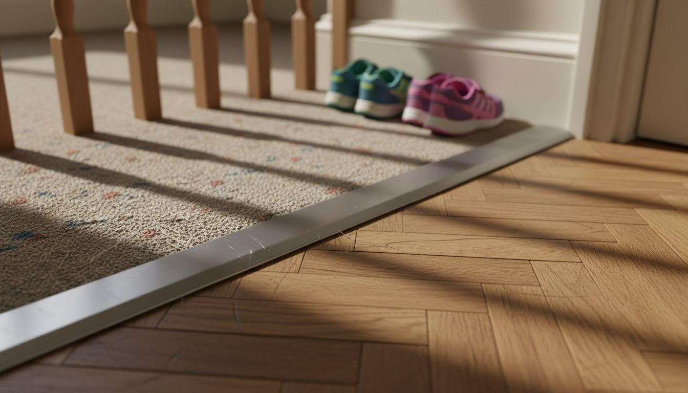 Durable metal trim joins hallway carpet and wood