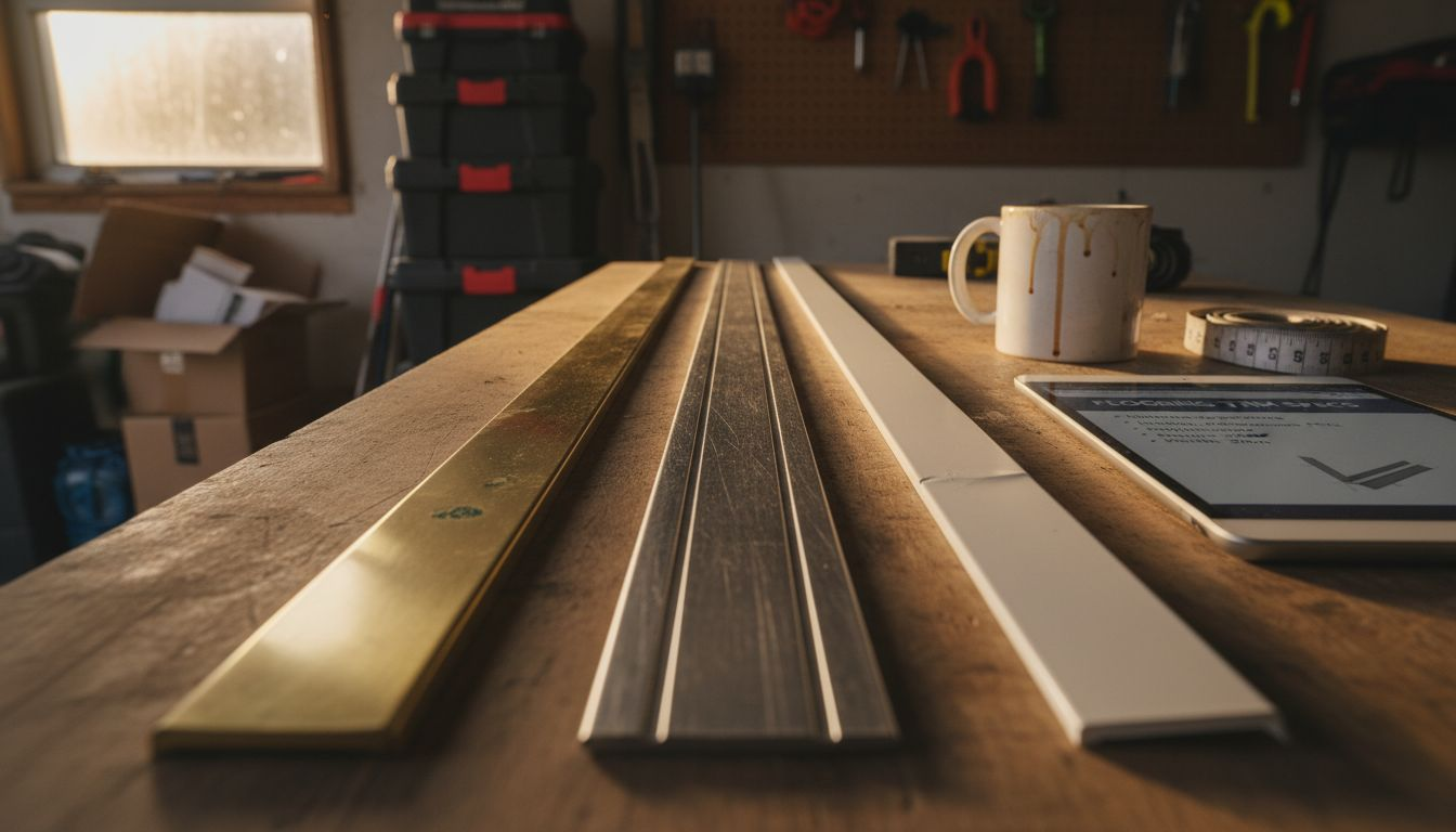 Brass, aluminium, PVC carpet trims side by side