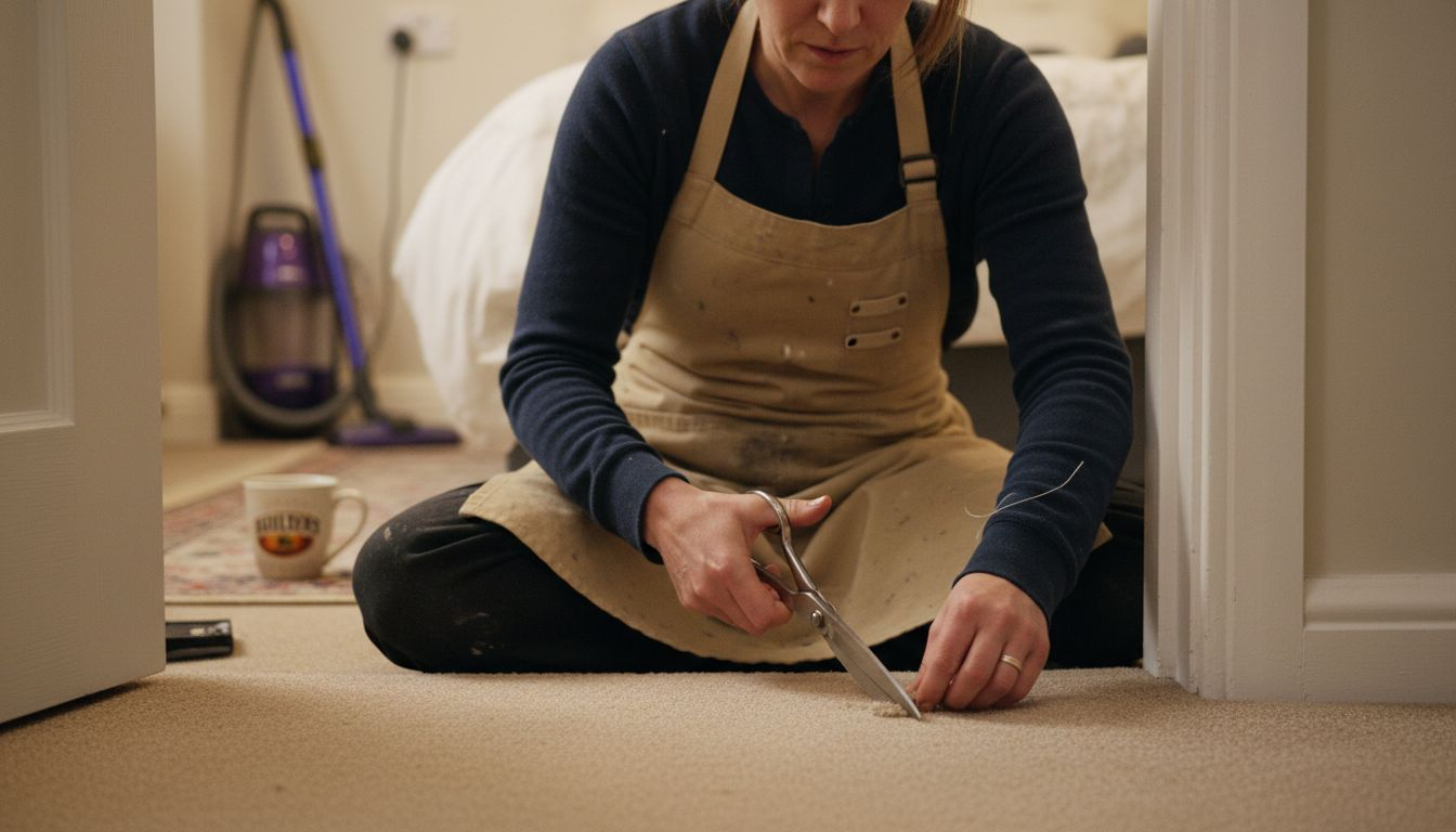 Trimming carpet edge at doorway with scissors
