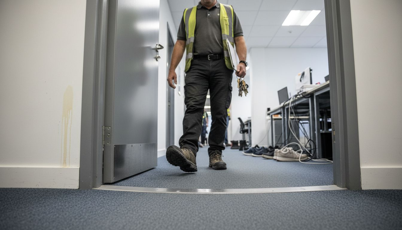 Manager stepping on metal flooring threshold strip
