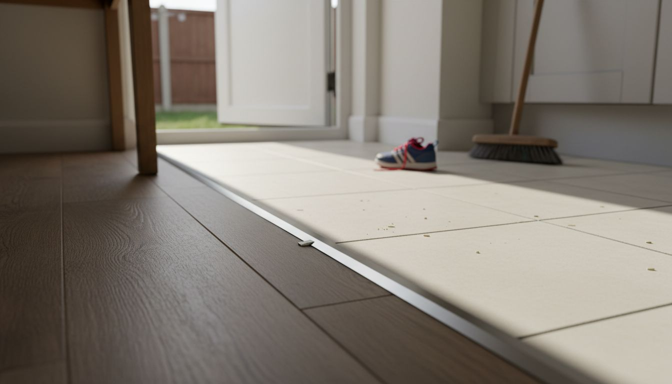Close-up of T-profile laminate trim transition