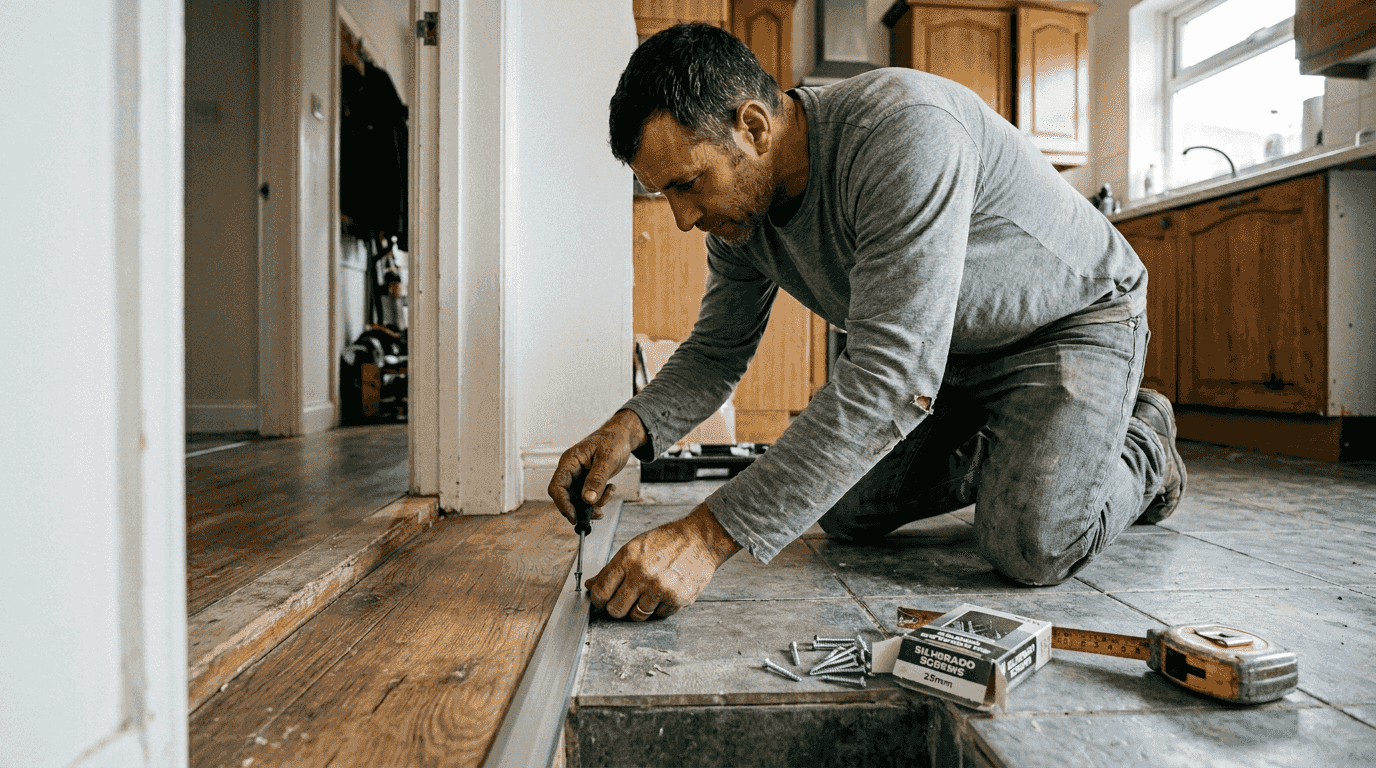 Installer aligning metal reducer trim between floors