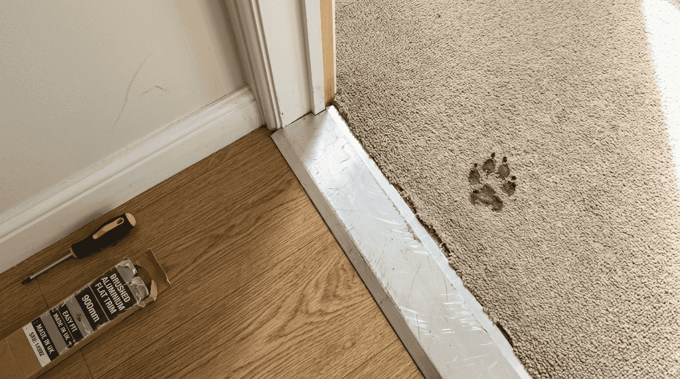 Flat trim connecting vinyl and carpet at doorway
