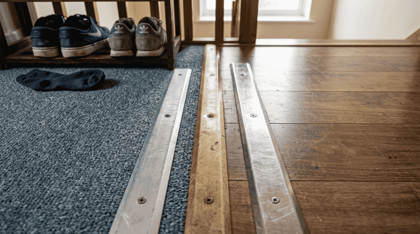 Close-up of three metal transition strips