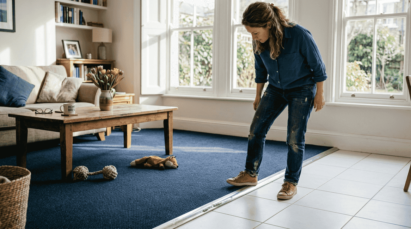 Metal transition bar bridging carpet and tile