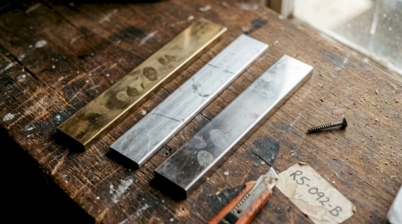 Various metal edge trim strips close up