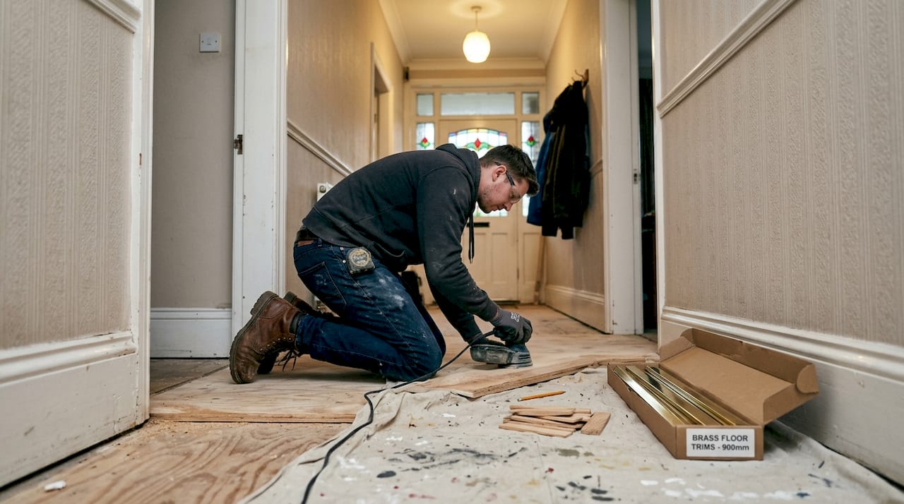 Contractor preparing subfloor for transition