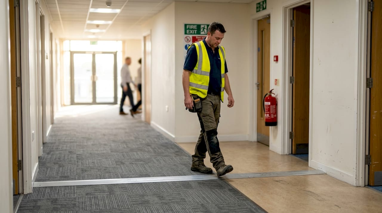 Aluminium threshold linking carpet and vinyl in corridor