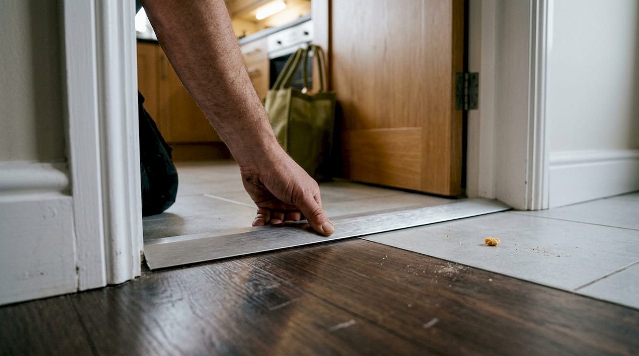 Hand fitting metal threshold strip in doorway