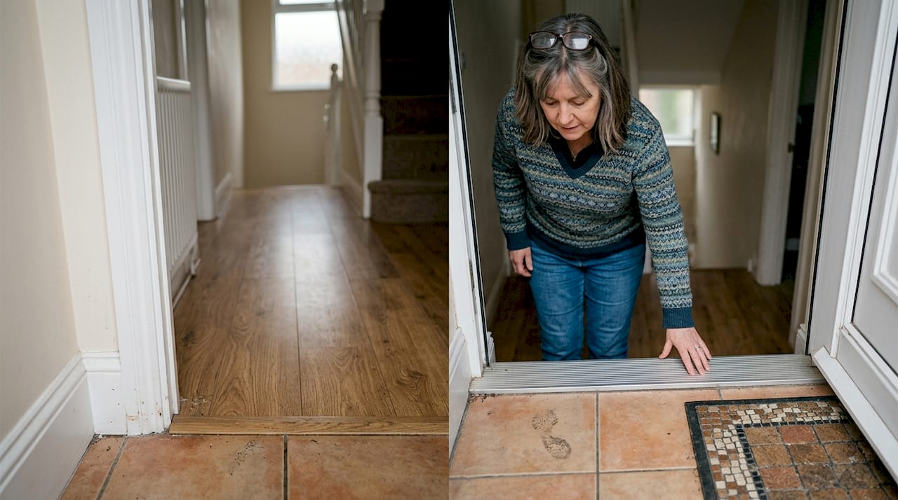 Homeowner checks flooring trim at doorway